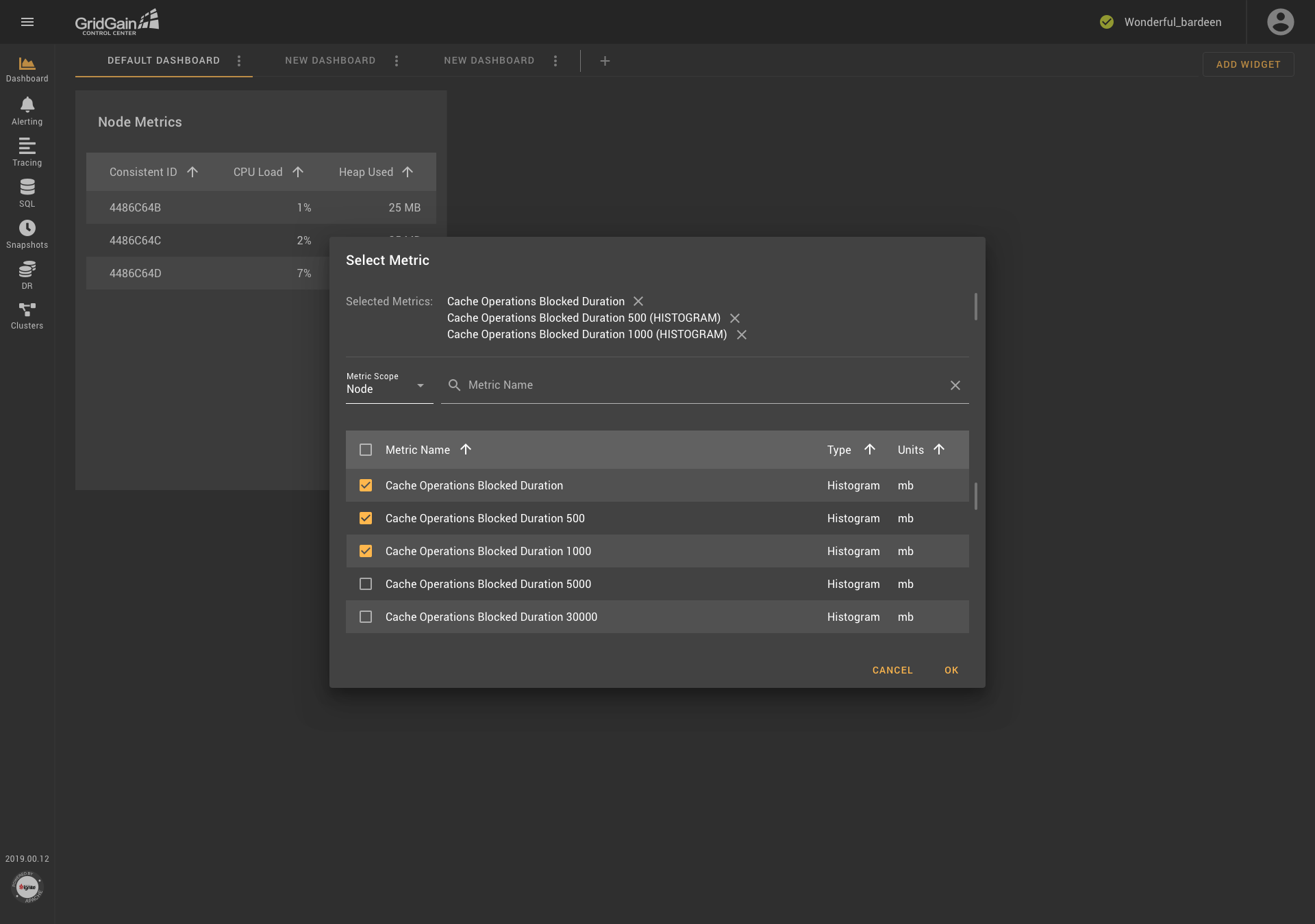 Metric-Selection Component in GridGain Control Center 2