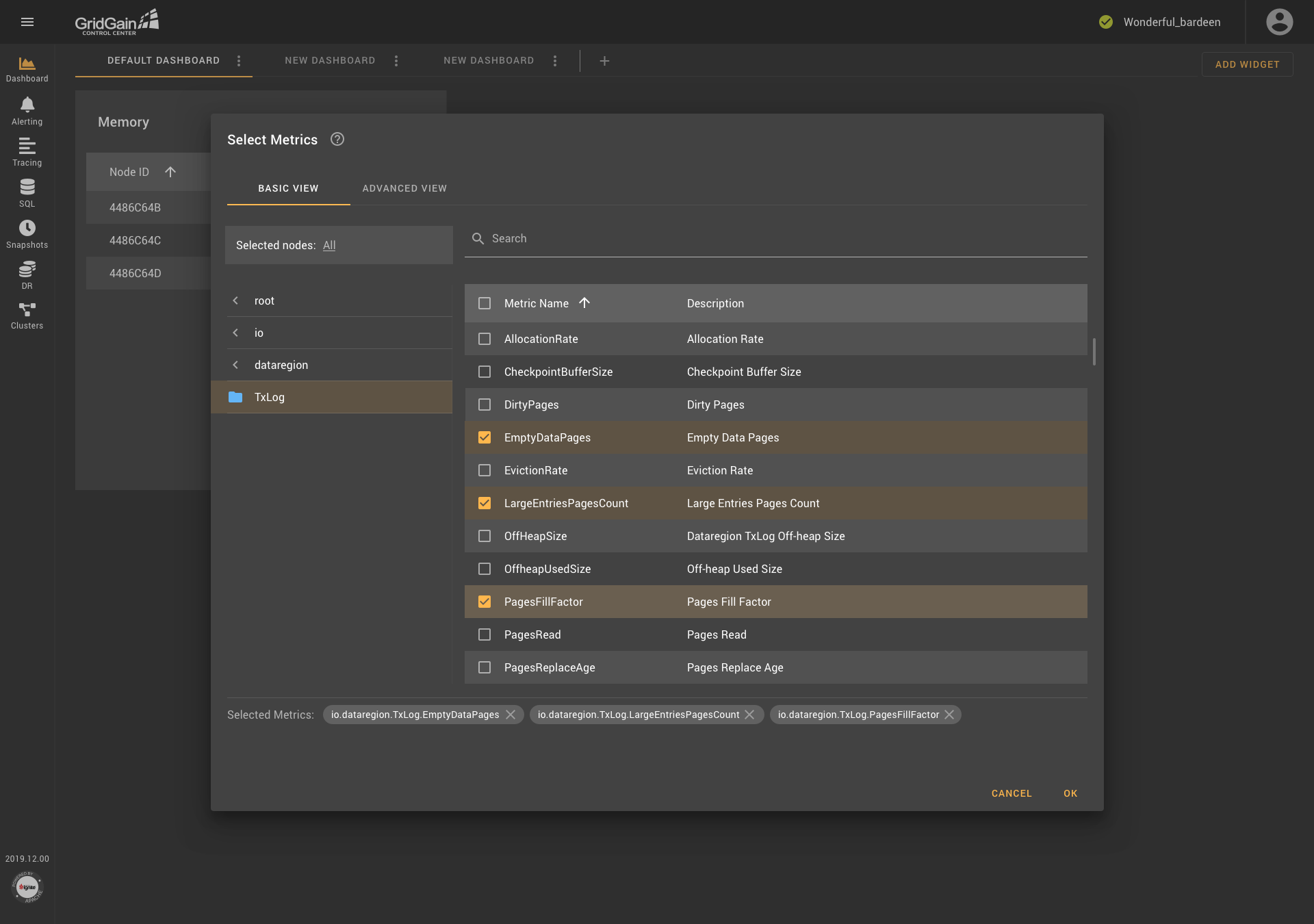 Metric-Selection Component in GridGain Control Center 3