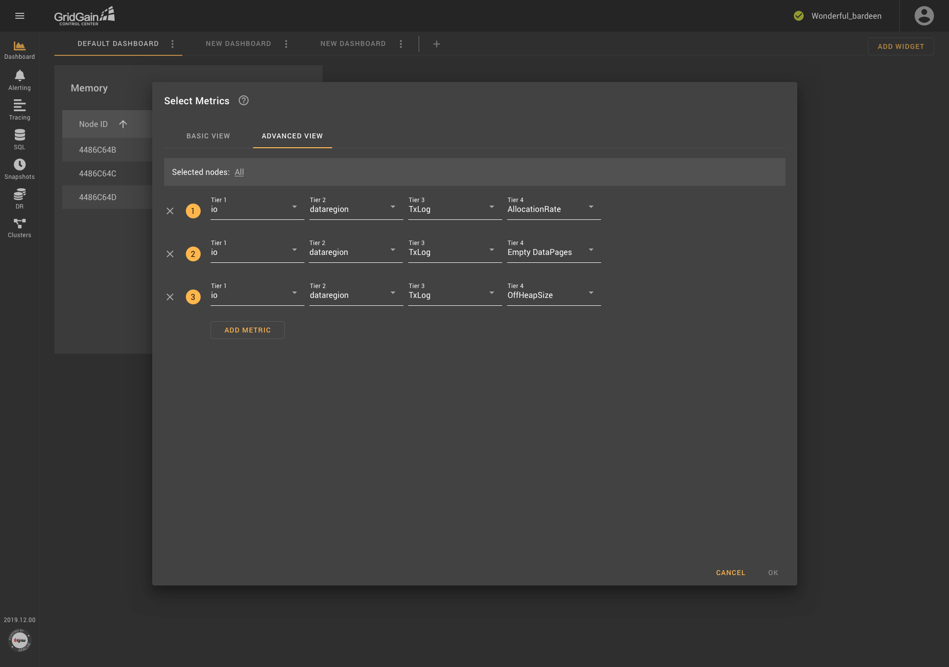 Metric-Selection Component in GridGain Control Center 5