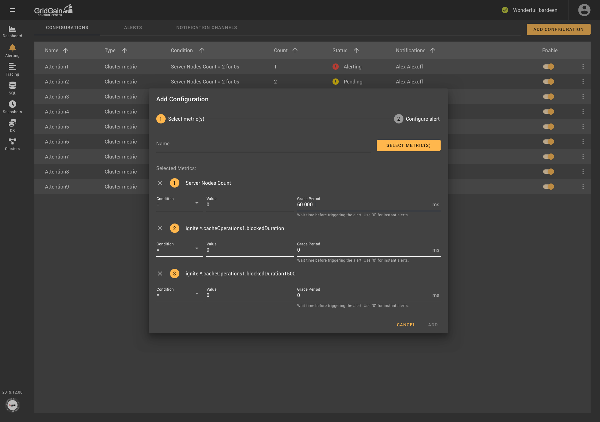 Metric-Selection Component in GridGain Control Center 7