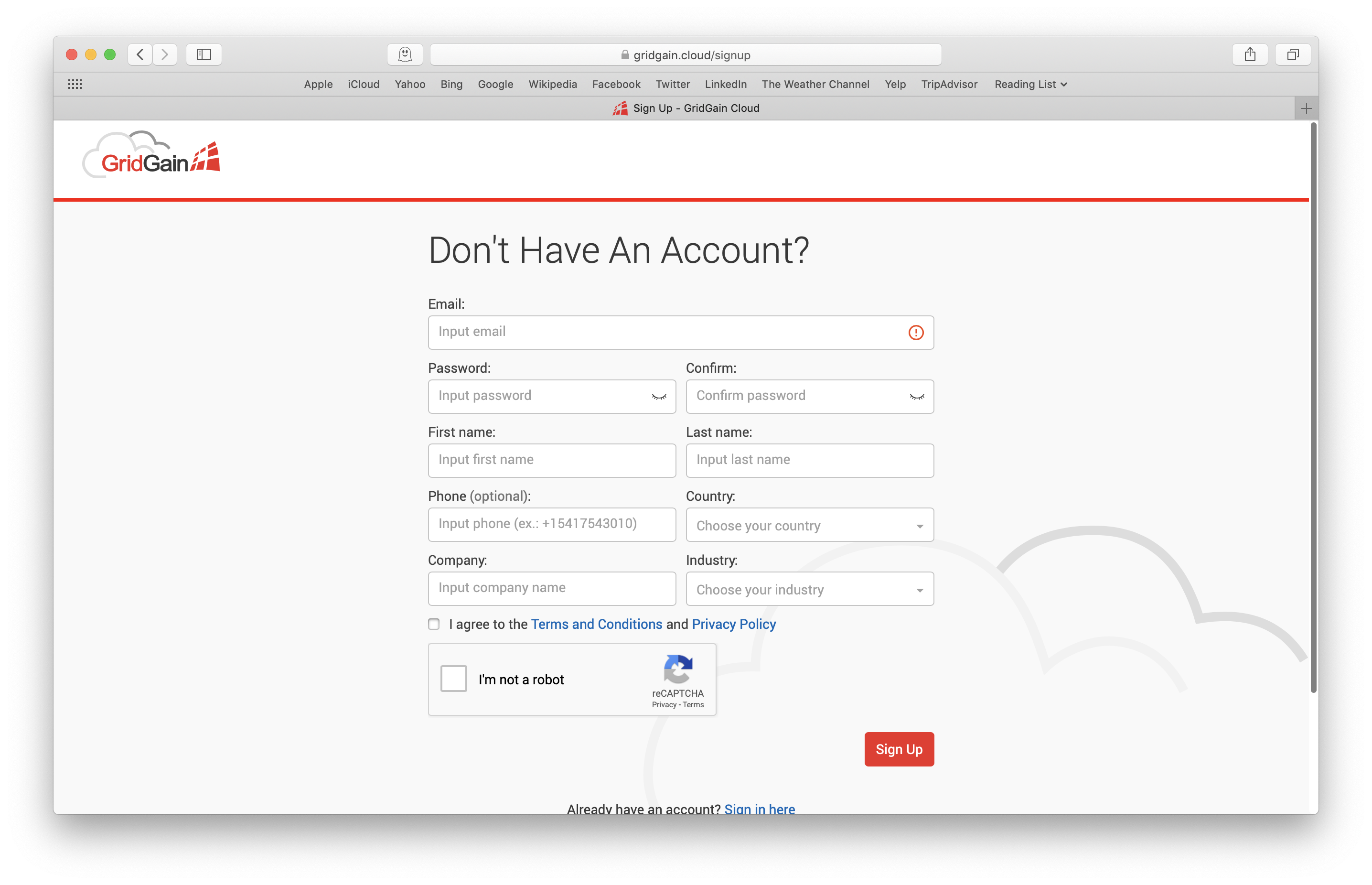 Figure 2. GridGain Cloud Sign Up Form.