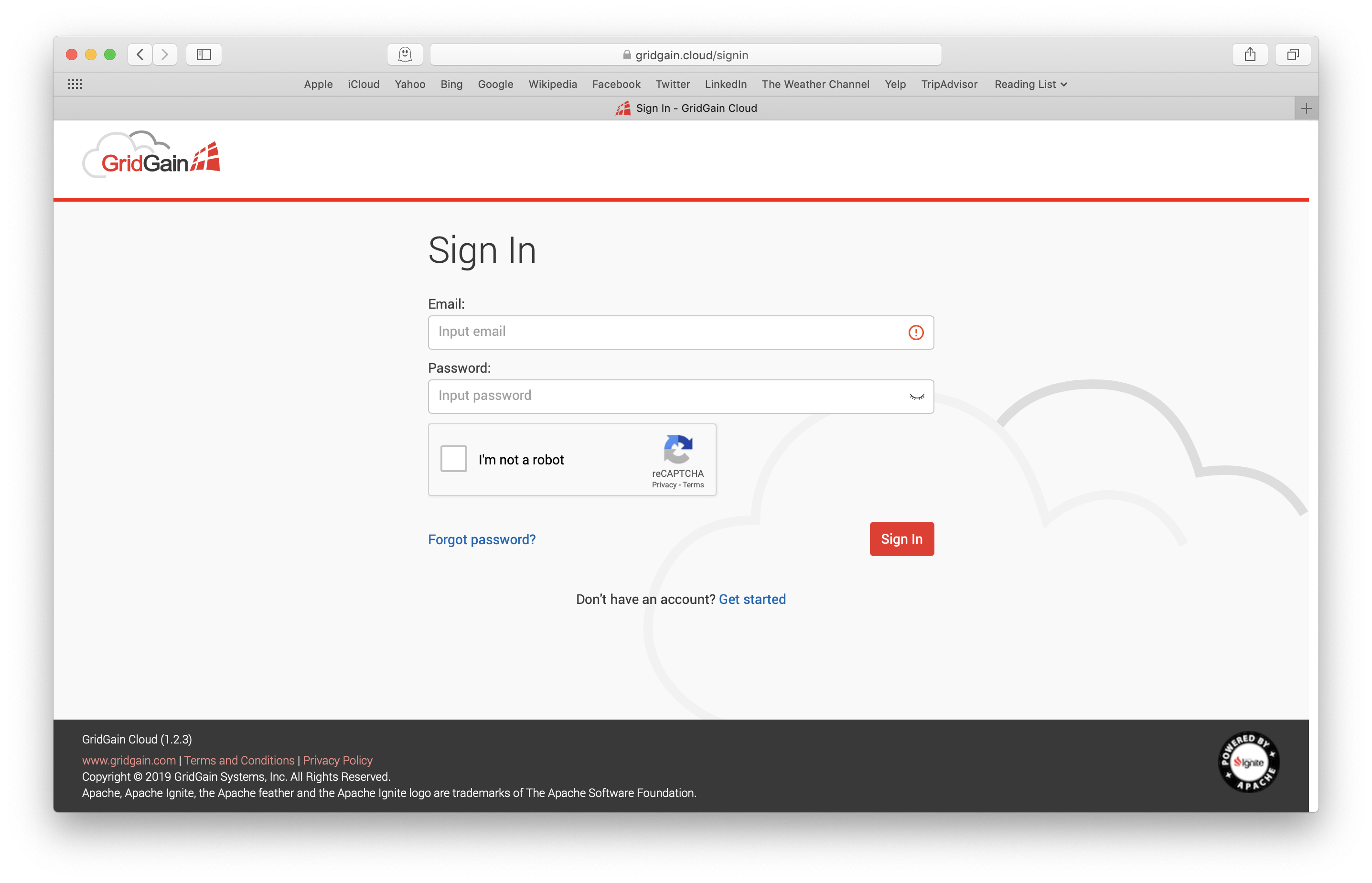 Figure 3. GridGain Cloud Sign In Form.