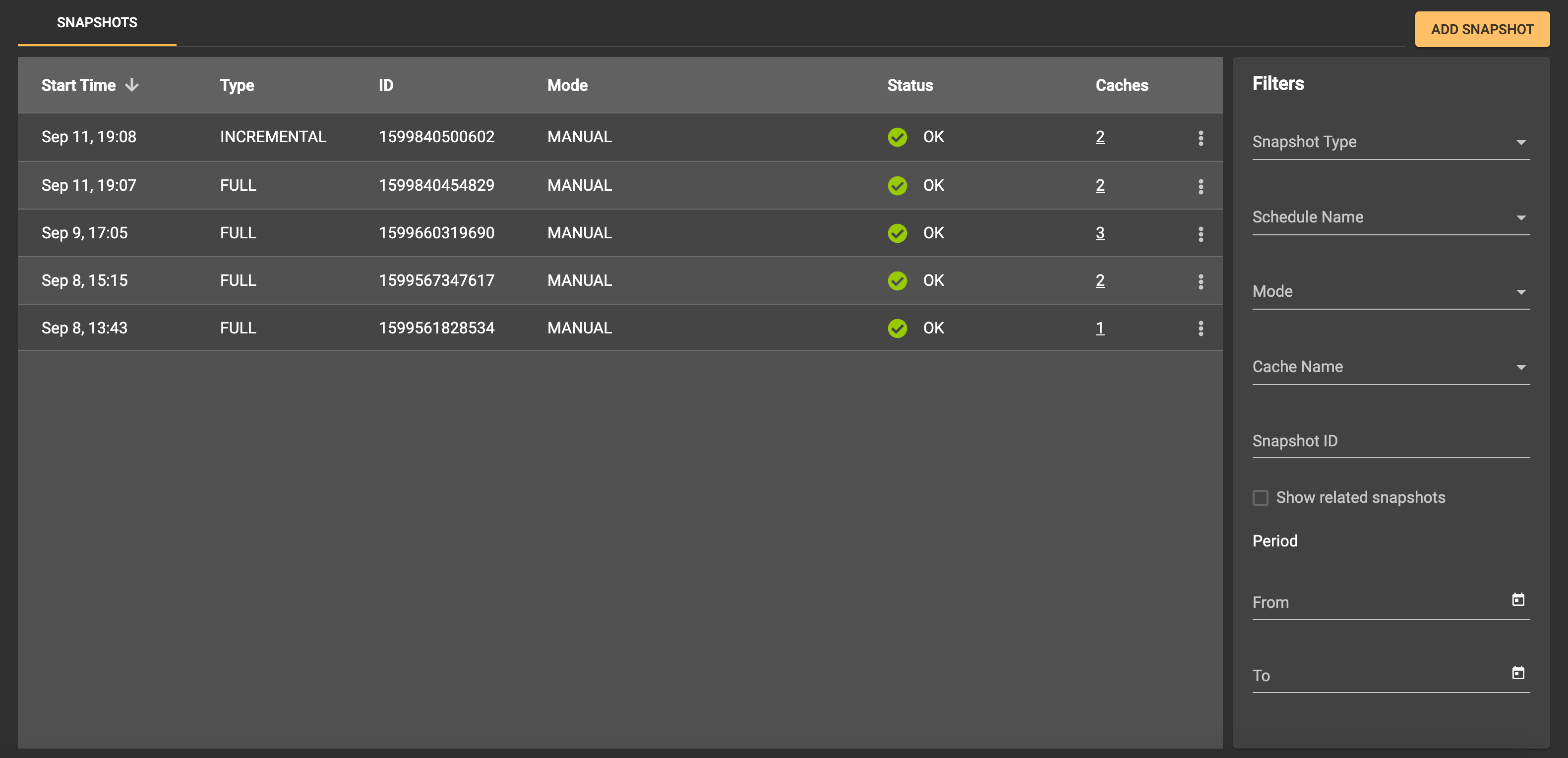 Apache Ignite Monitoring With Control Center - Data Snapshots